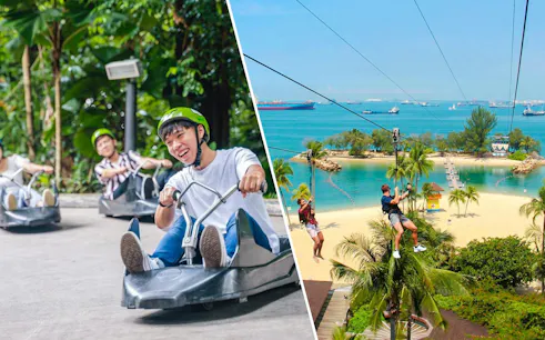 Luge riders in Singapore with zipline over beach at Mega Adventure Park.