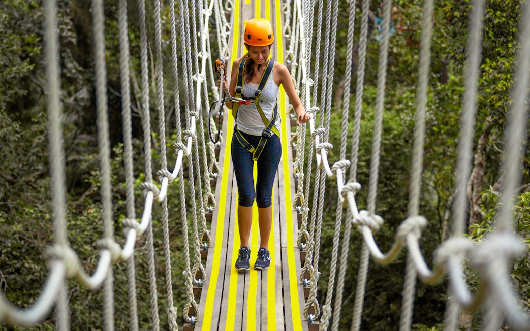 Person crossing a rope bridge at Habitat Penang Hill.