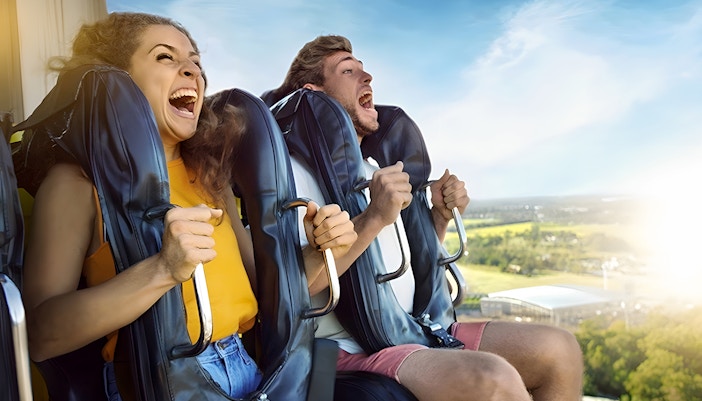 Guests on a rollercoaster at Dreamworld, Gold Coast