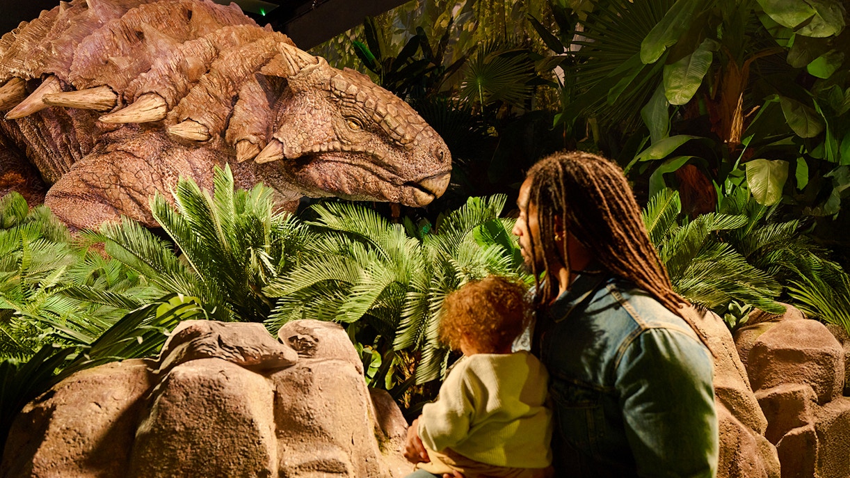 tourists observing huge dinosaur
