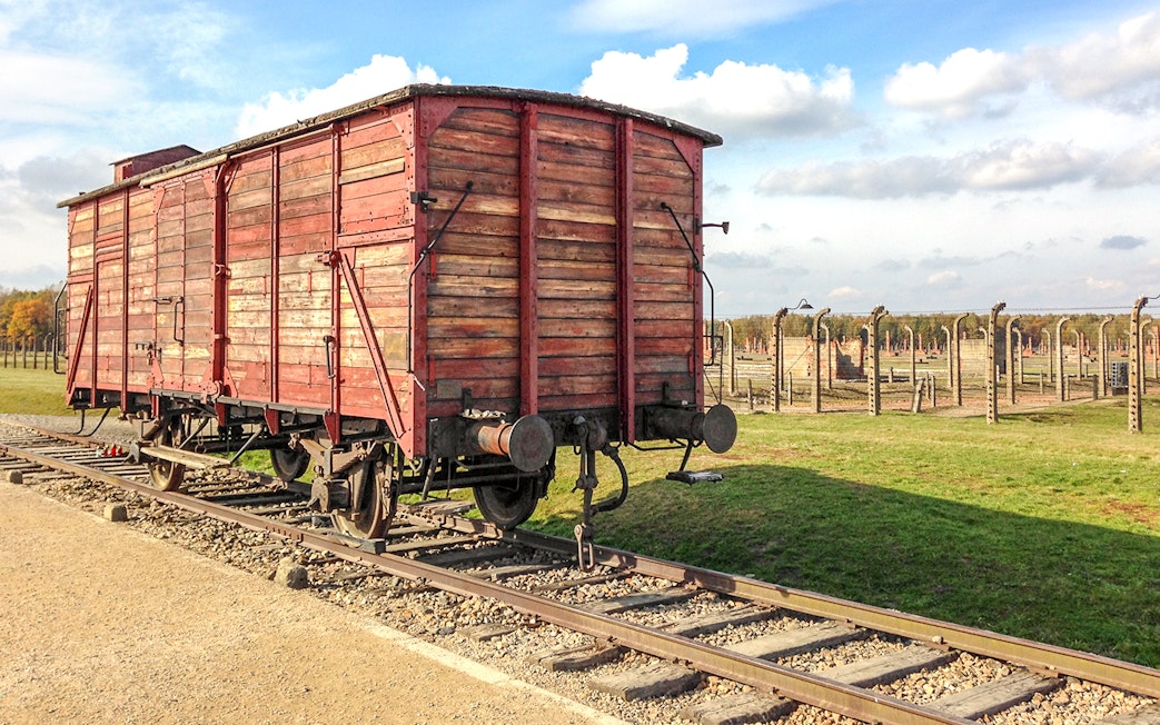 Railway wagon on tracks at Auschwitz II-Birkenau, Poland.