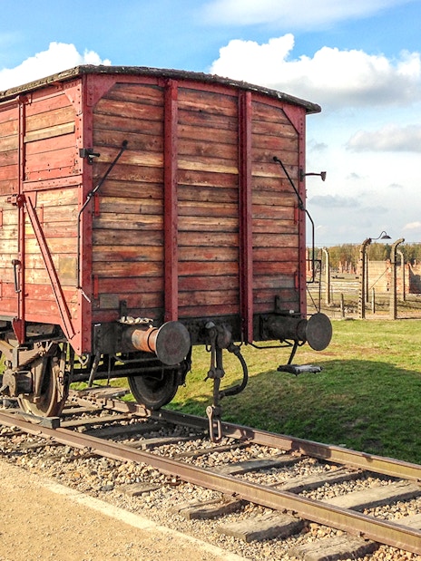 Railway wagon on tracks at Auschwitz II-Birkenau, Poland.