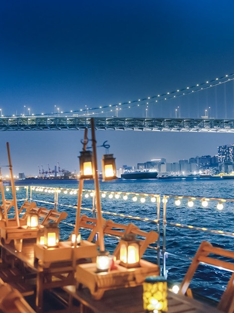 Night view from Yakatabune Cruise deck with illuminated bridge and city skyline in background.