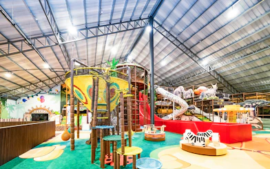 Indoor safari-themed playland with climbing structures and animal figures.