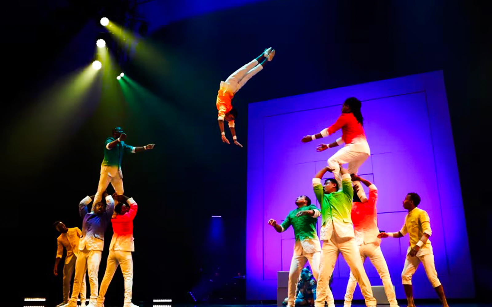 Acrobats performing a human pyramid at Cirque Du Soleil ECHO.