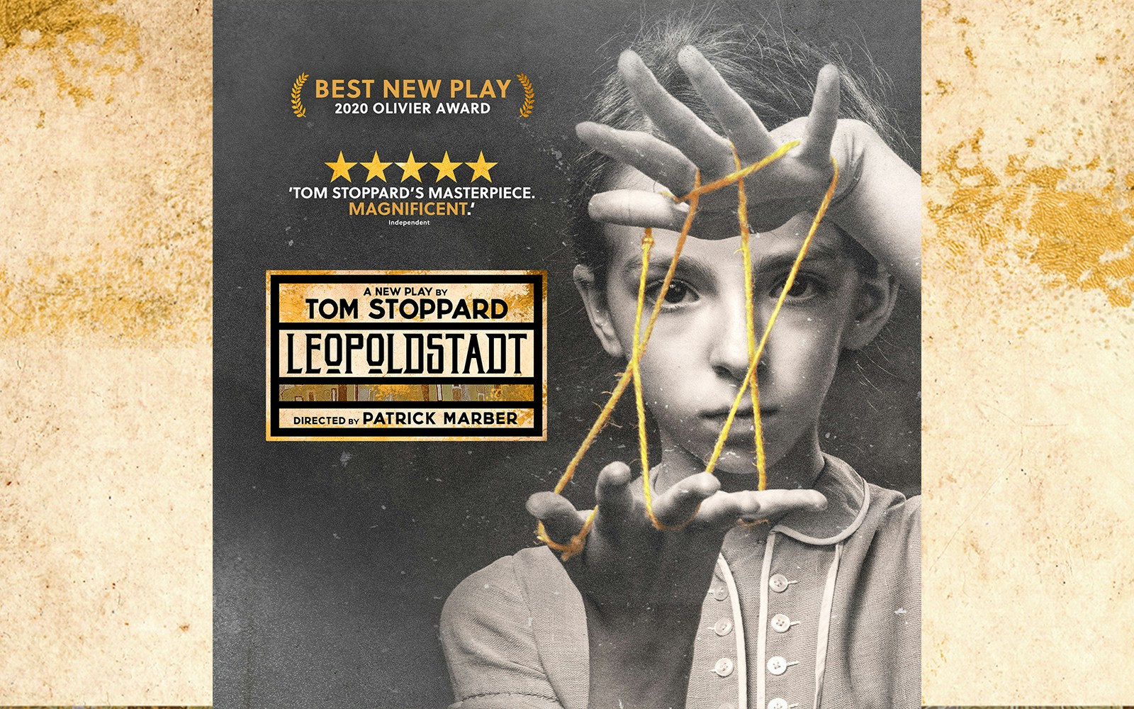 Leopoldstadt play poster featuring a child with string art, highlighting award recognition.
