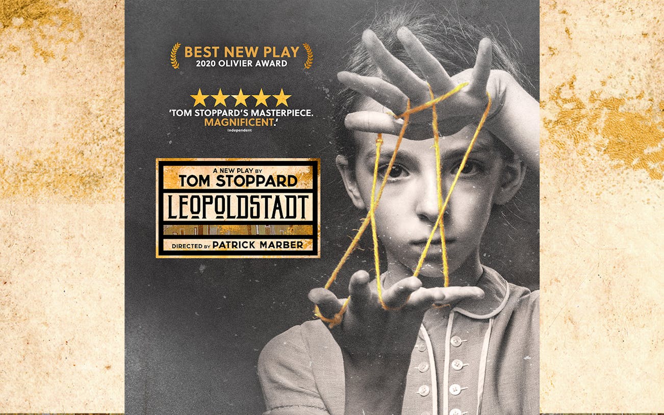 Leopoldstadt play poster featuring a child with string art, highlighting award recognition.