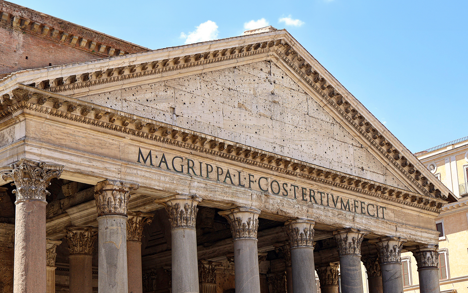 Pantheon facade with ancient Roman inscription, Rome, Italy.