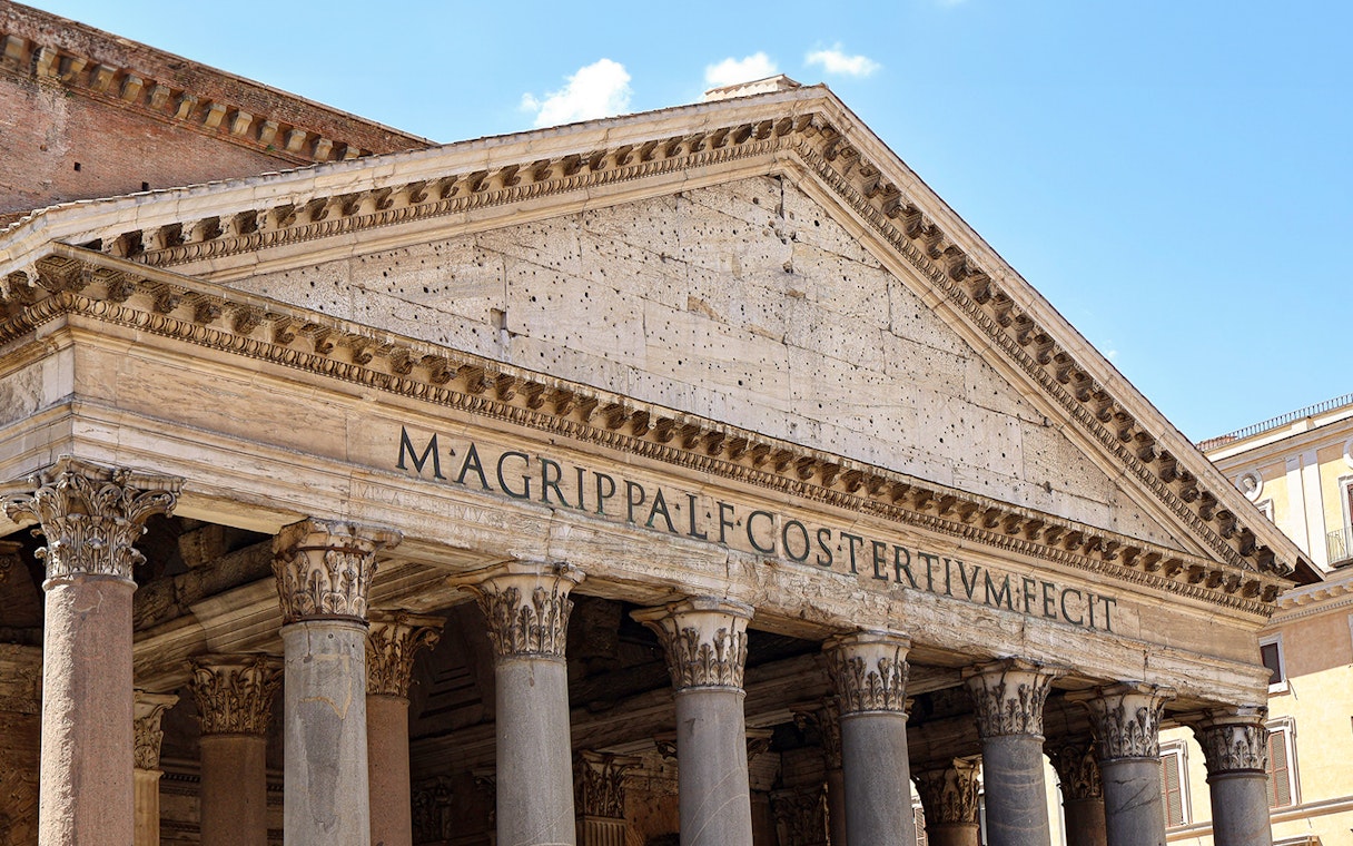 Pantheon facade with ancient Roman inscription, Rome, Italy.