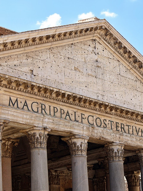 Pantheon facade with ancient Roman inscription, Rome, Italy.