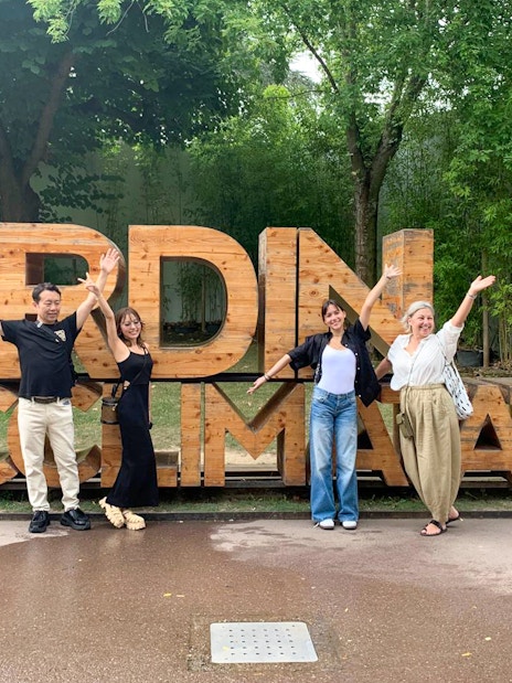 Visitors at Jardin d'Acclimatation entrance, Paris, near Foundation Louis Vuitton.