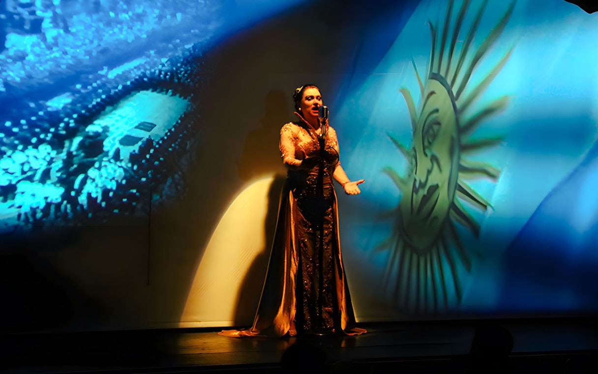 Singer performing at Piazzolla Tango Show in Buenos Aires with Argentine flag backdrop.