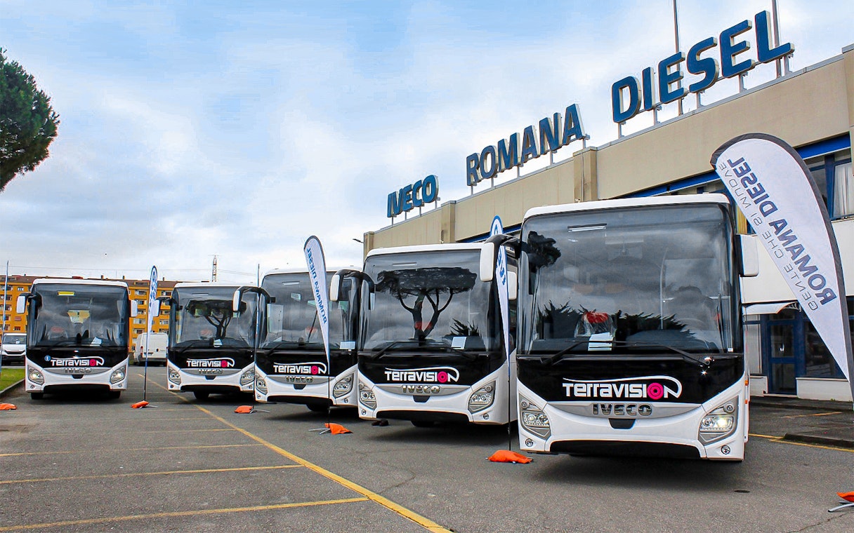Fleet of Terravision buses at Fiumicino Airport transfer station.