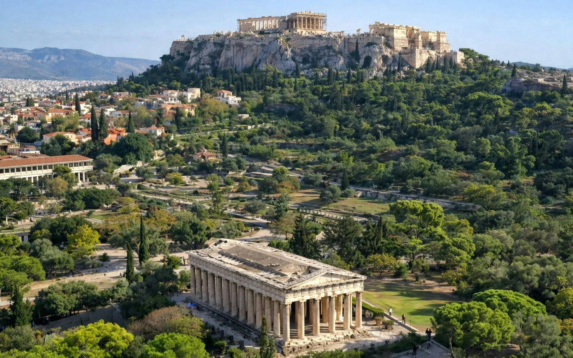 Ancient Agora in Athens with the Acropolis in the background.