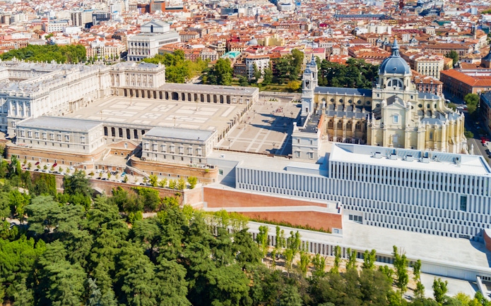 Aerial view of Royal Collections Gallery and Royal Palace in Madrid.