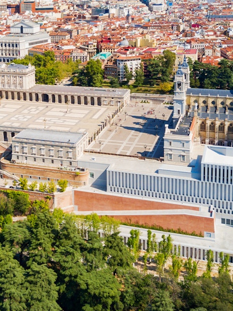Aerial view of Royal Collections Gallery and Royal Palace in Madrid.