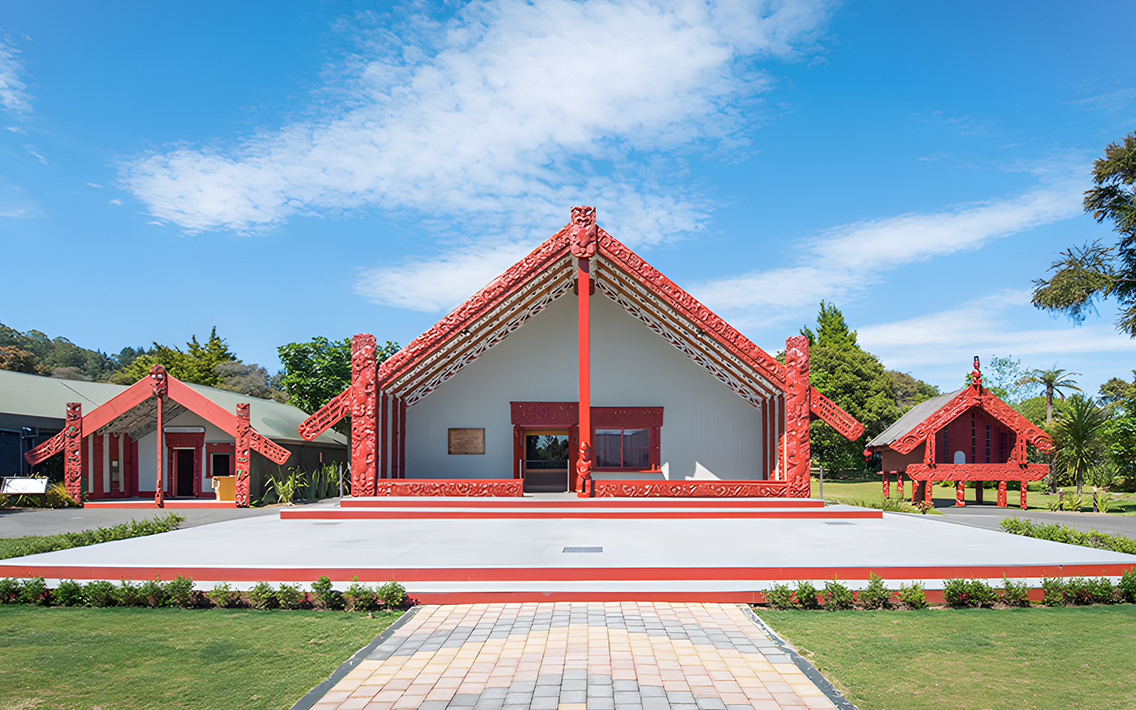 Traditional Māori meeting house at Te Puia, Rotorua, New Zealand.