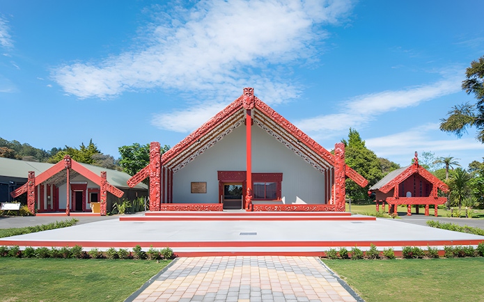 Traditional Māori meeting house at Te Puia, Rotorua, New Zealand.