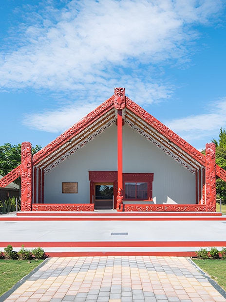 Traditional Māori meeting house at Te Puia, Rotorua, New Zealand.