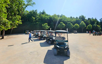 Golf carts lined up for Versailles Gardens tour.