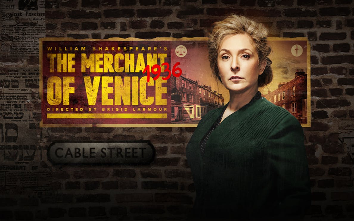 The Merchant of Venice 1936 poster with a woman in front of a brick wall.