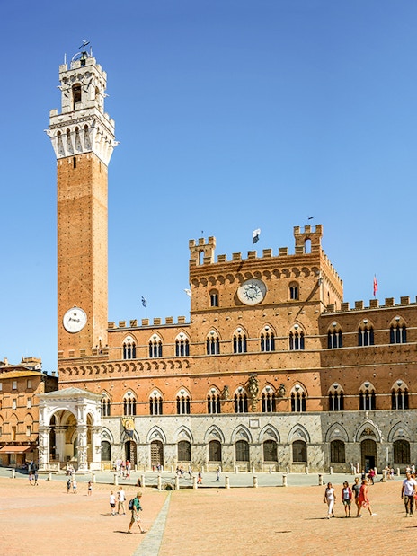 Piazza del Campo in Siena with Torre del Mangia and Palazzo Pubblico.