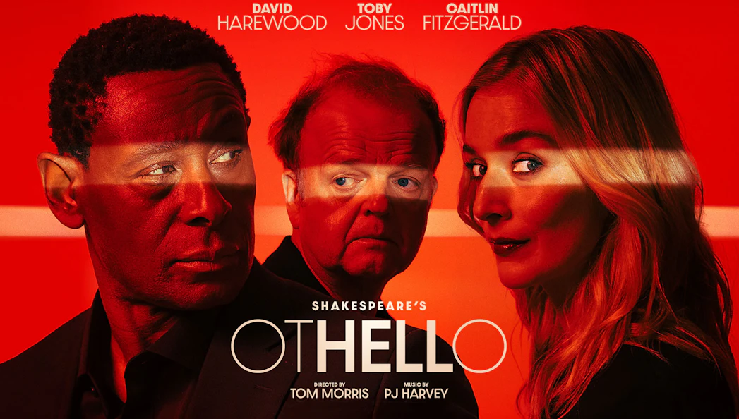 Shakespeare's Othello poster with three actors against a red background.