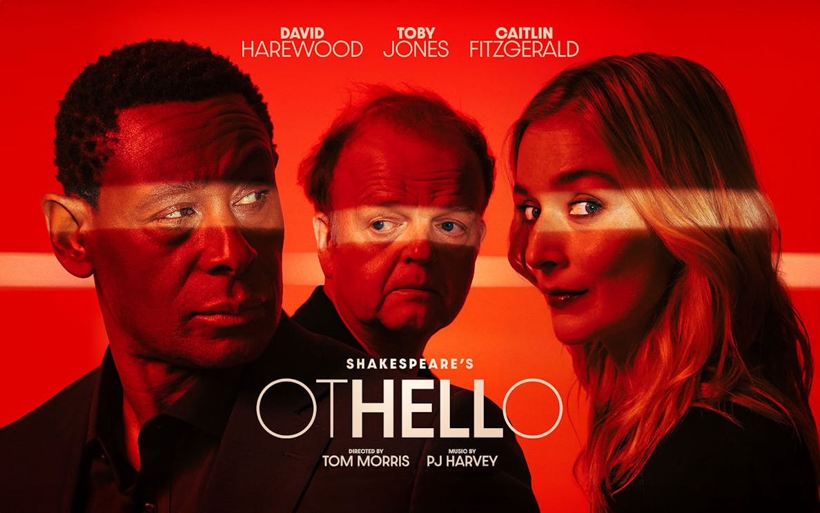 Shakespeare's Othello poster with three actors against a red background.