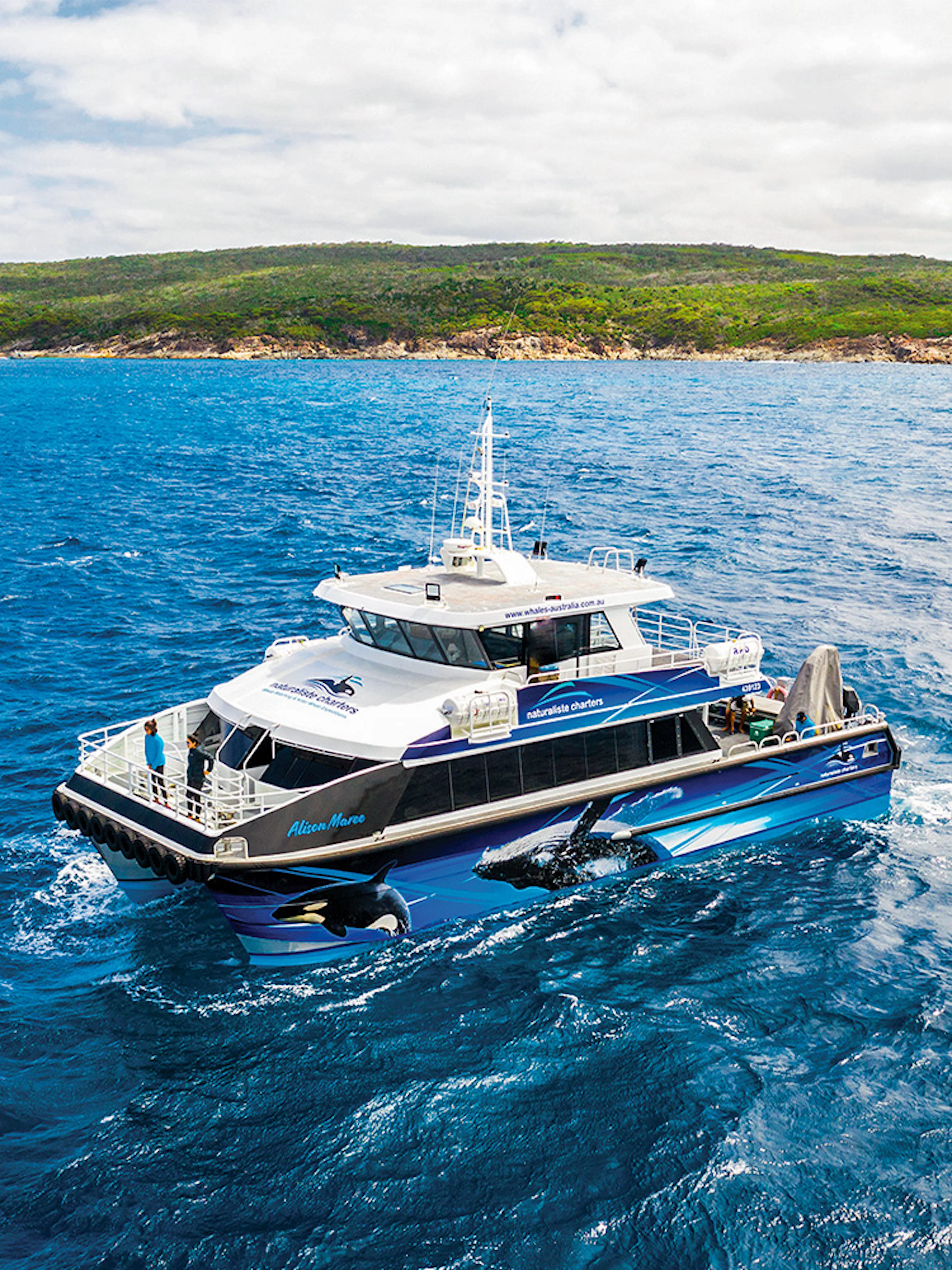 Boat on whale watching tour in Dunsborough waters with coastal landscape in background.