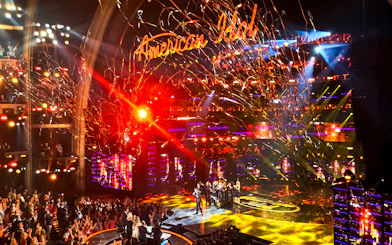 American Idol stage with performers and audience at The Dolby Theatre.