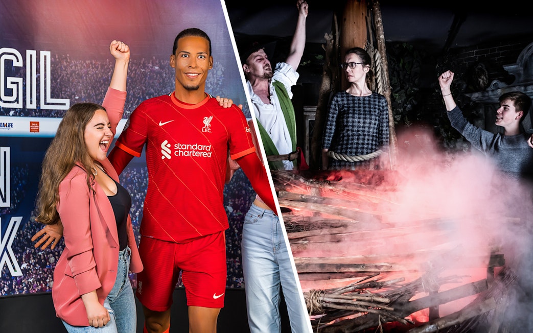 Madame Tussauds Amsterdam wax figure and Amsterdam Dungeon scene with actors.