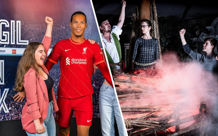 Madame Tussauds Amsterdam wax figure and Amsterdam Dungeon scene with actors.