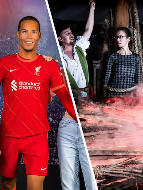 Madame Tussauds Amsterdam wax figure and Amsterdam Dungeon scene with actors.