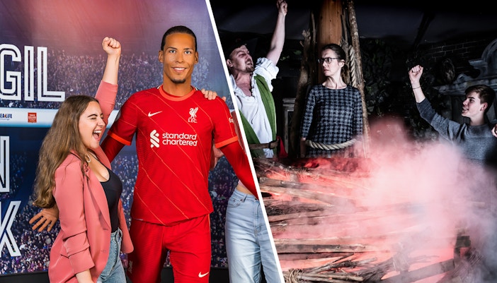 Madame Tussauds Amsterdam wax figure and Amsterdam Dungeon scene with actors.