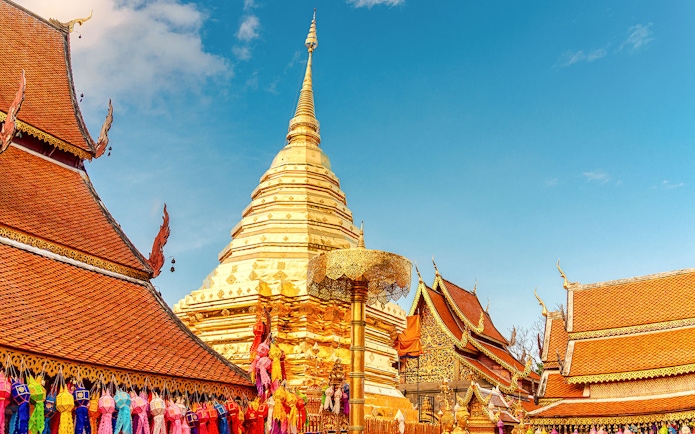 Golden stupa and temple roofs at Wat Phra That Doi Suthep, Chiang Mai.