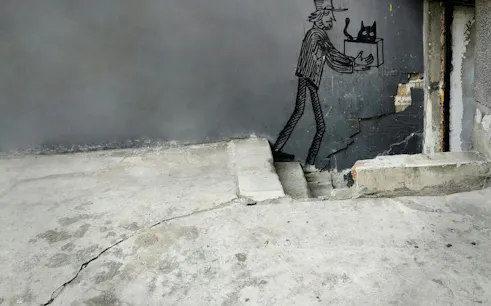 Street art of a man with a cat in a box on Mântuleasa Street, Bucharest.