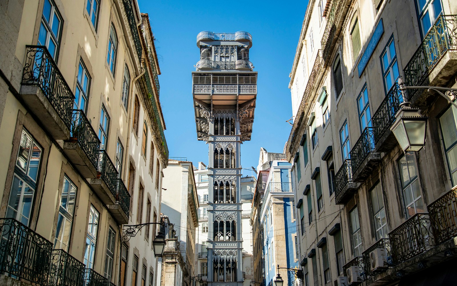 Santa Justa Lift between buildings in Lisbon, Portugal.