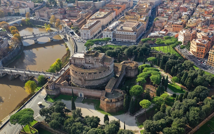 Aerial view of Castel Sant'Angelo and Passetto di Borgo in Rome, Italy.