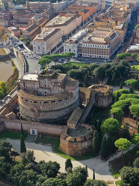Aerial view of Castel Sant'Angelo and Passetto di Borgo in Rome, Italy.