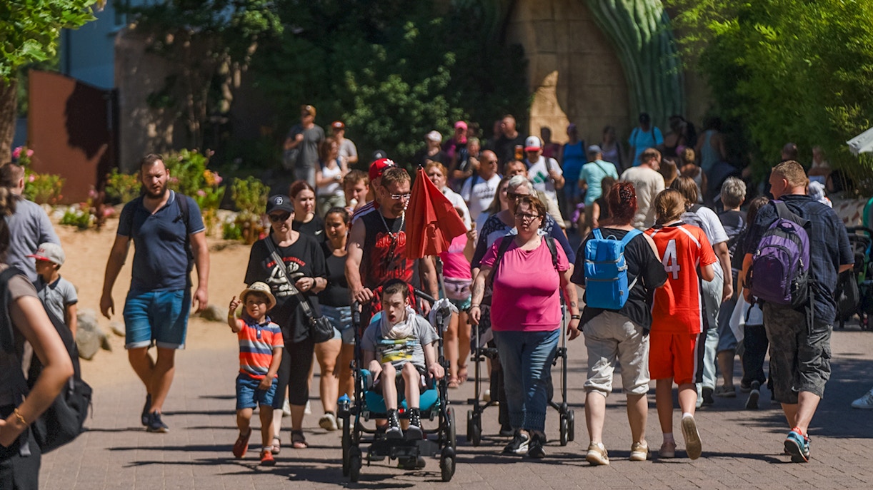Visitors enjoying accessible attractions at Phantasialand theme park in Cologne.