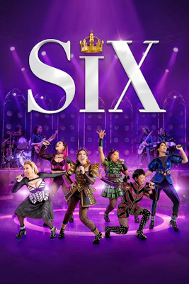 Performers on stage in the musical "Six" at West End, vibrant costumes and dynamic poses.