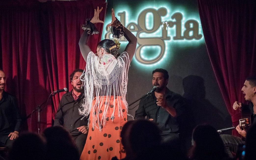 Flamenco dancer performing with musicians at Alegría venue.