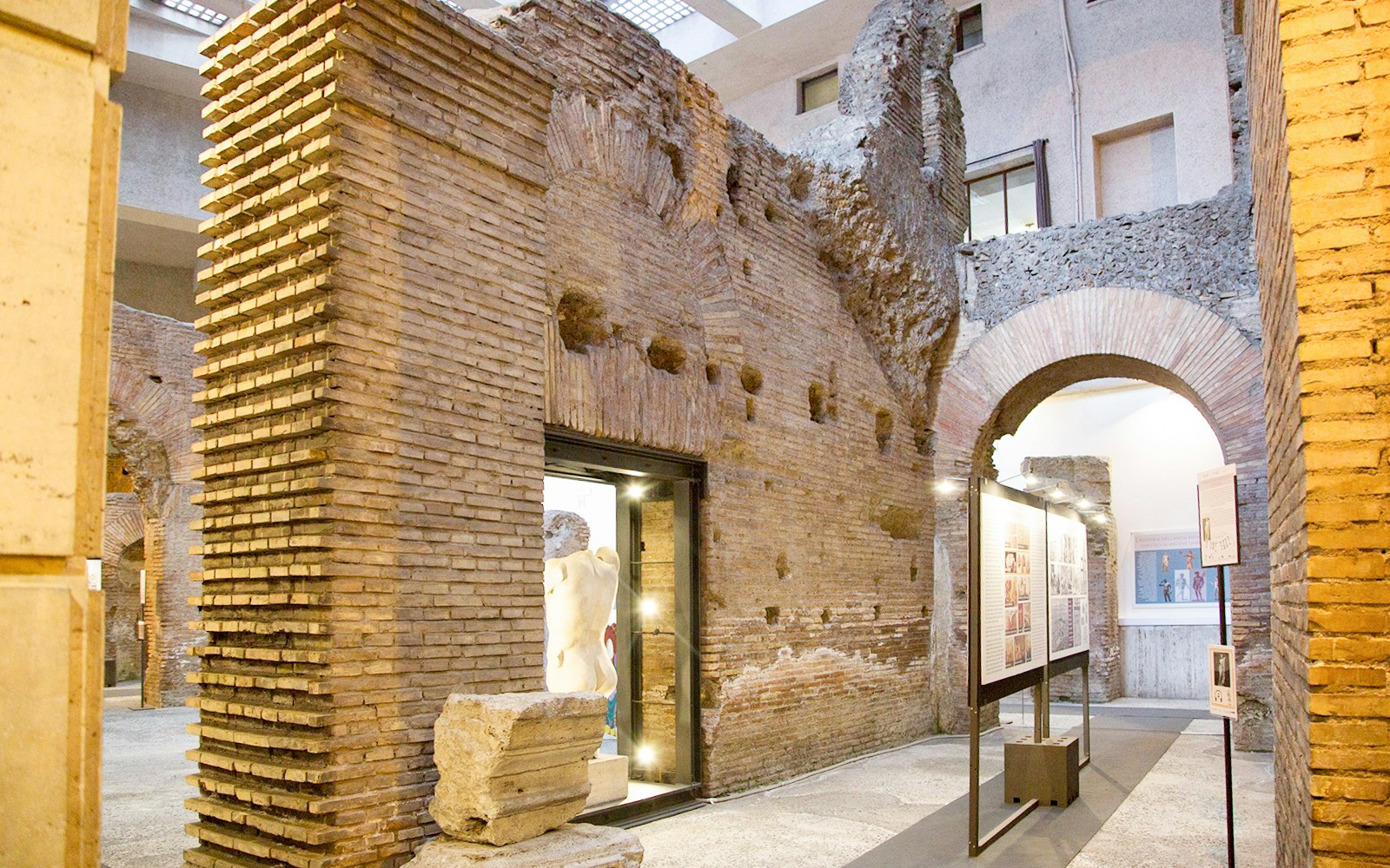 Ancient brick walls and archways inside Domitian Stadium, Rome.