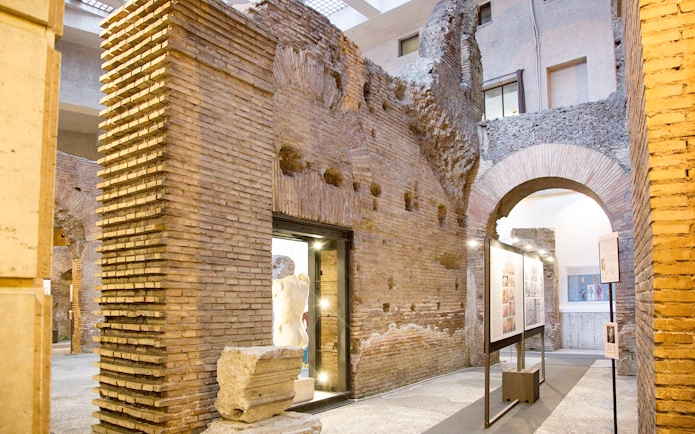 Ancient brick walls and archways inside Domitian Stadium, Rome.
