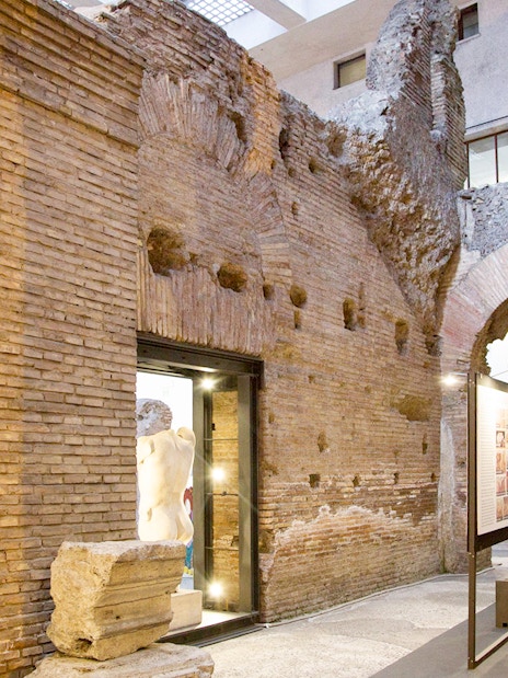 Ancient brick walls and archways inside Domitian Stadium, Rome.