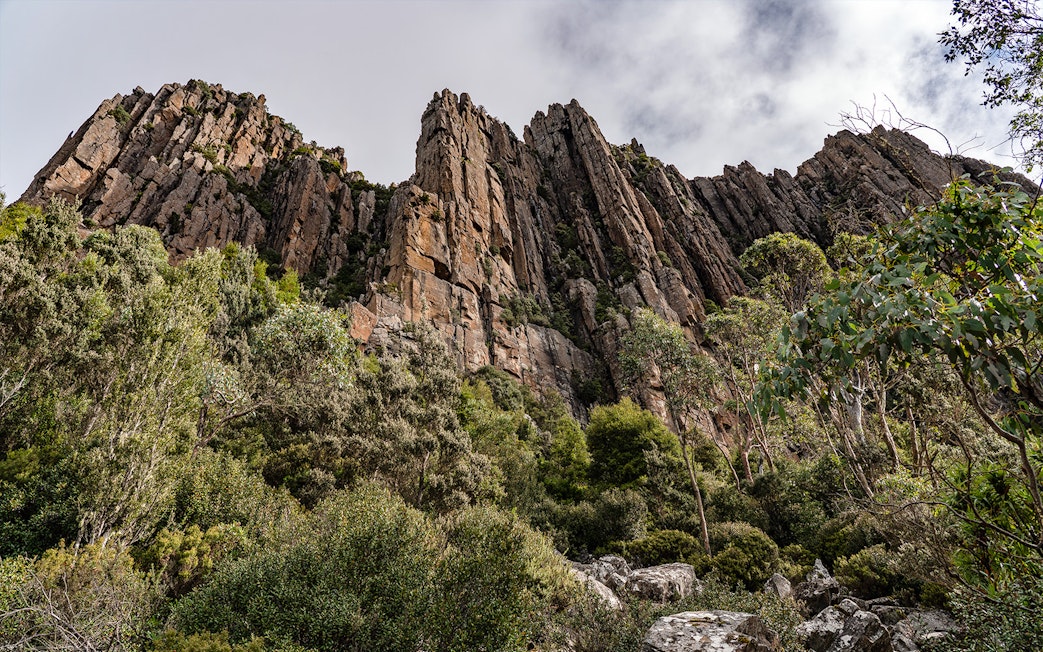 Rocky cliffs and lush greenery on Mt Wellington guided tour.