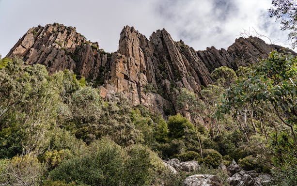 Rocky cliffs and lush greenery on Mt Wellington guided tour.