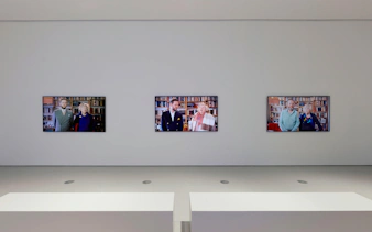 Three video screens displaying portraits at Ragnar Kjartansson: Mercy Exhibition, National Gallery of Victoria.