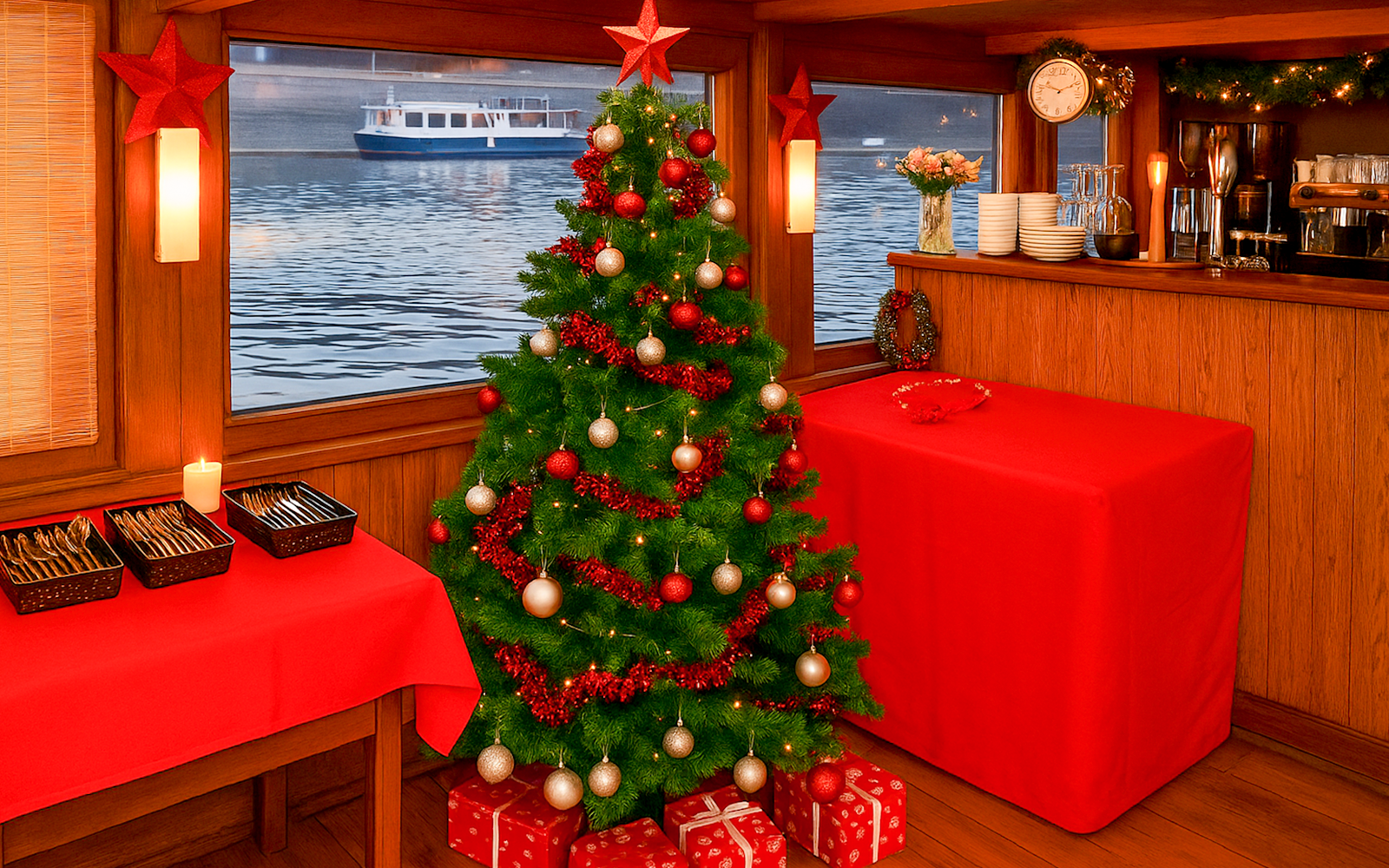 Christmas tree and festive decor inside Advent Cruise ship in Prague.