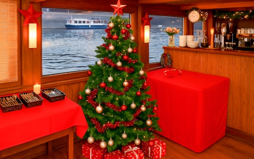 Christmas tree and festive decor inside Advent Cruise ship in Prague.